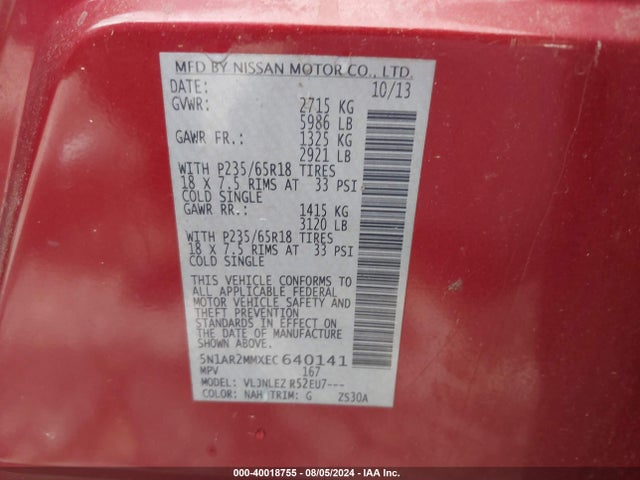 Nissan Pathfinder Sv 2014 5N1AR2MMXEC640141 Image 9