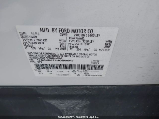 1FM5K8AT4HGB00947 Ford Utility Police Interceptor