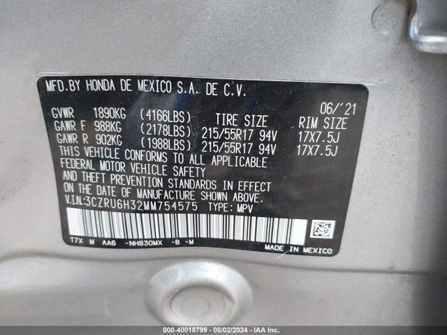 Honda Hr-v Awd Lx 2021 3CZRU6H32MM754575 Image 9