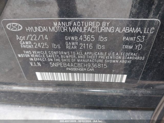 5NPEB4AC8EH936815 Hyundai SONATA GLS