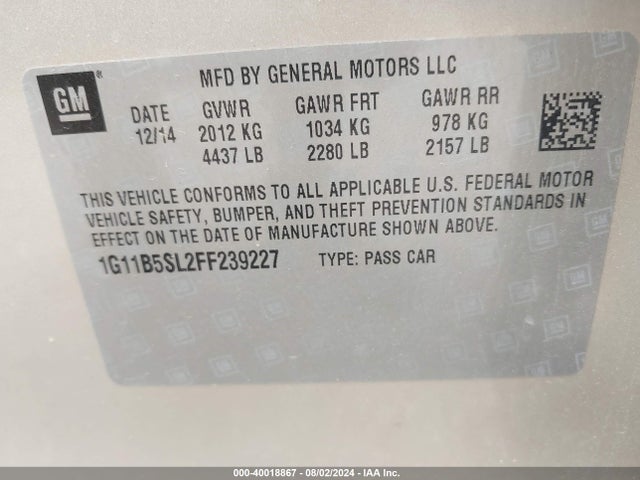 Chevrolet MALIBU LS 2015 1G11B5SL2FF239227 Image 9