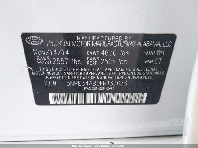 Hyundai Sonata Limited 2.0t 2015 5NPE34AB0FH133633 Image 9