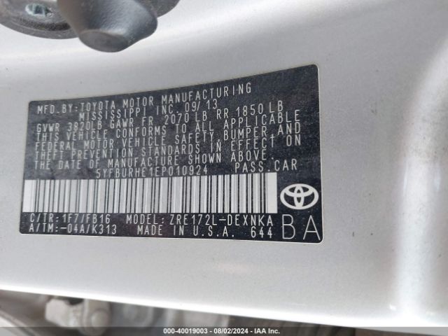 Toyota COROLLA LE 2014 5YFBURHE1EP010924 Image 9