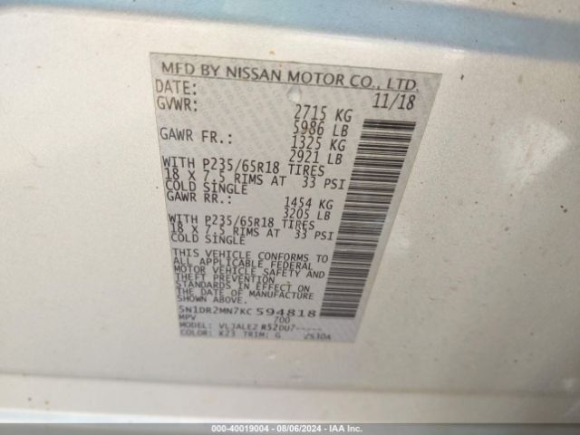 5N1DR2MN7KC594818 Nissan Pathfinder Sv
