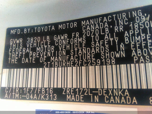 Toyota COROLLA LE 2015 2T1BURHE2FC259198 Image 9