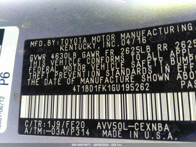 4T1BD1FK1GU195262 Toyota Camry Hybrid Le