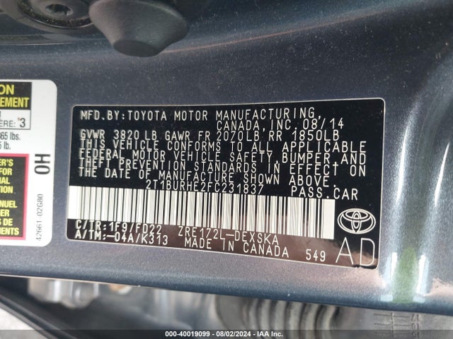 Toyota Corolla S Plus 2015 2T1BURHE2FC231837 Image 9