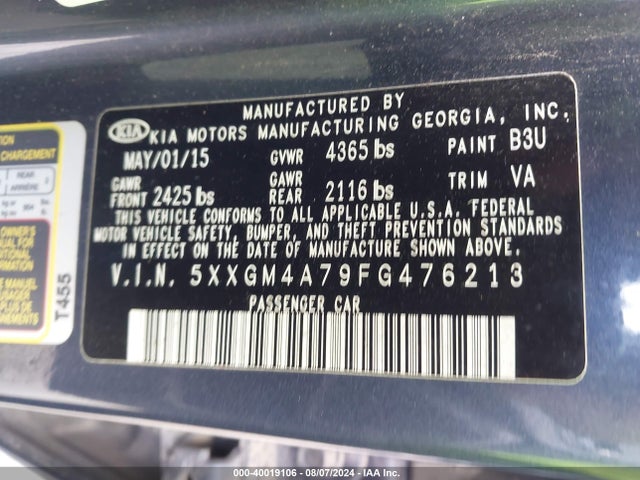 KIA Optima Lx 2015 5XXGM4A79FG476213 Image 9