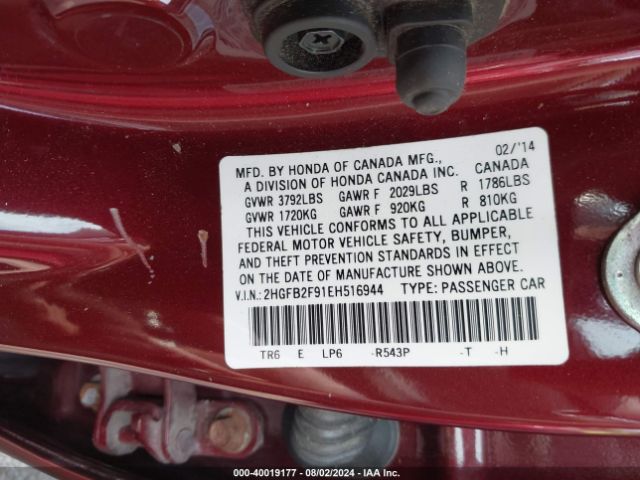 2HGFB2F91EH516944 Honda Civic Ex-l