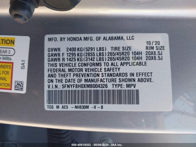 Honda Passport Awd Elite 2021 5FNYF8H0XMB004326 Image 9