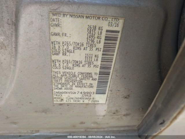 1N6AD0EV5GN749903 Nissan Frontier Sv
