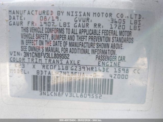 3N1CN8FV3LL809552 Nissan Versa Sr Xtronic Cvt