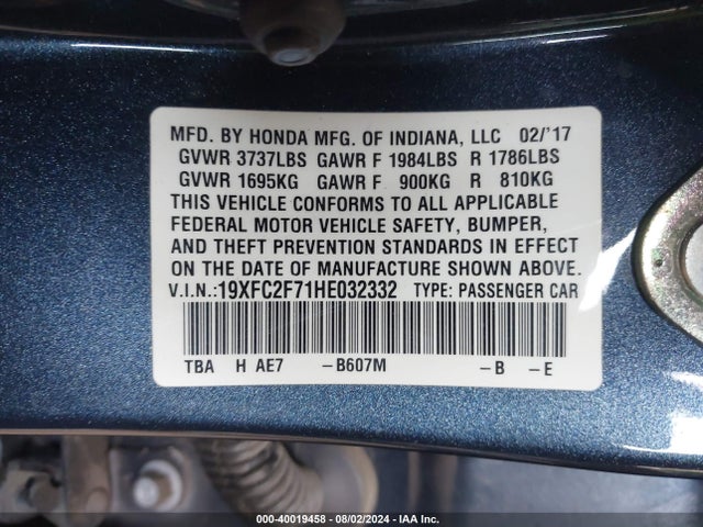Honda CIVIC EX 2017 19XFC2F71HE032332 Image 9