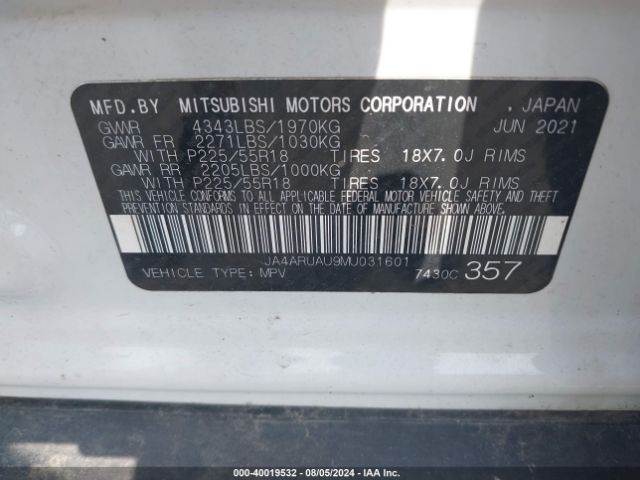 JA4ARUAU9MU031601 Mitsubishi Outlander Sport 2.0 Be Awc/2.0 Es Awc/2.0 Le Awc/2.0 Se Awc