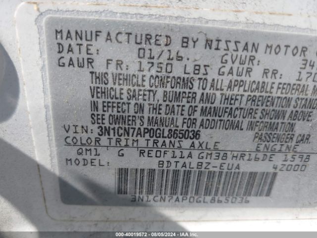 3N1CN7AP0GL865036 Nissan Versa 1.6 S/1.6 S+/1.6 Sl/1.6 Sv