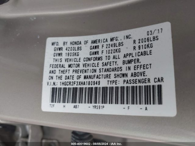 1HGCR2F3XHA180949 Honda ACCORD LX