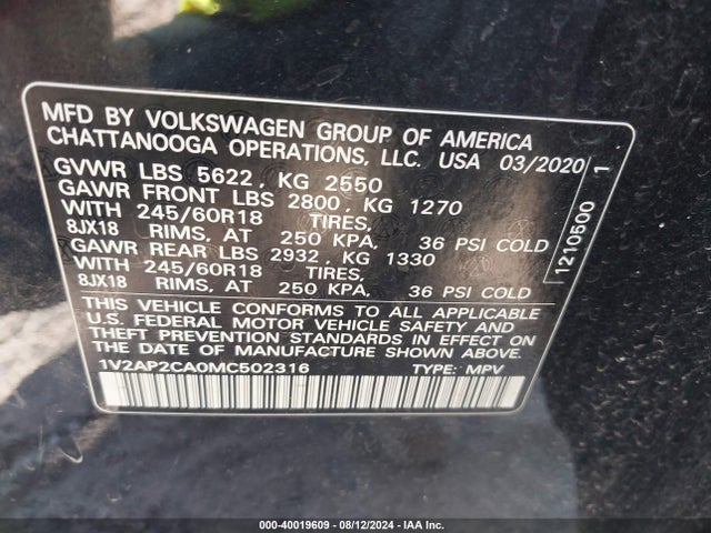 1V2AP2CA0MC502316 Volkswagen Atlas 2.0t S