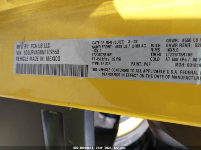 3C6LRVAG6NE109550 RAM Promaster 1500 Low Roof 136 Wb
