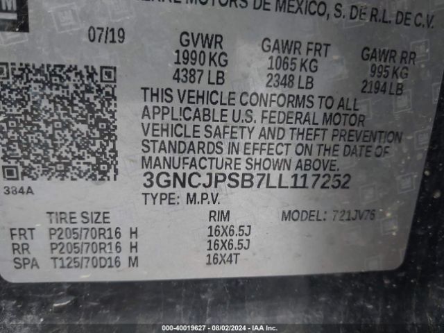 3GNCJPSB7LL117252 Chevrolet Trax Awd Lt