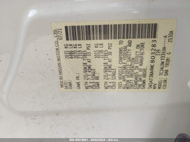 5N1AT3BA4MC803283 Nissan Rogue Sv Fwd