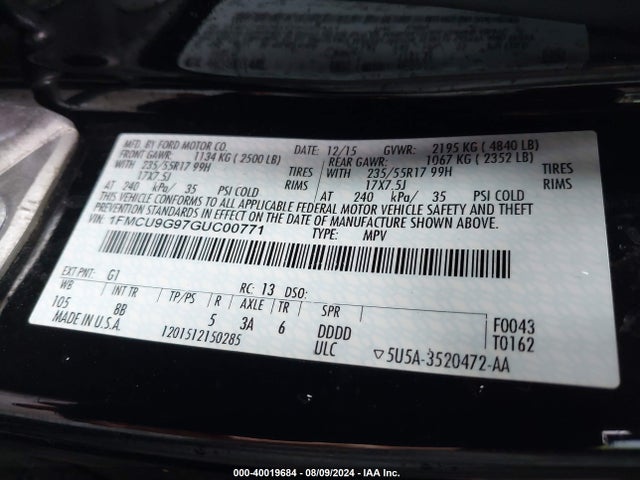 Ford ESCAPE SE 2016 1FMCU9G97GUC00771 Image 9