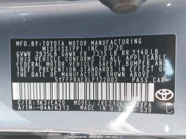 5YFFPRAE0LP122002 Toyota Corolla Xle