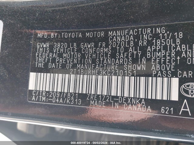 Toyota COROLLA LE 2019 2T1BURHE3KC210151 Image 9