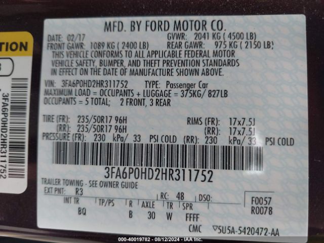 3FA6P0HD2HR311752 Ford FUSION SE