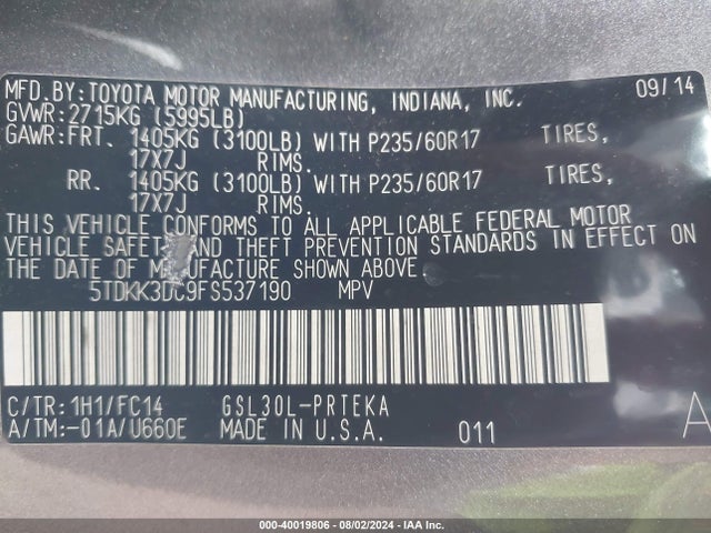 Toyota Sienna Le 8 Passenger 2015 5TDKK3DC9FS537190 Image 9