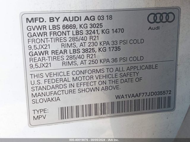 WA1VAAF77JD035572 Audi Q7 3.0t Premium