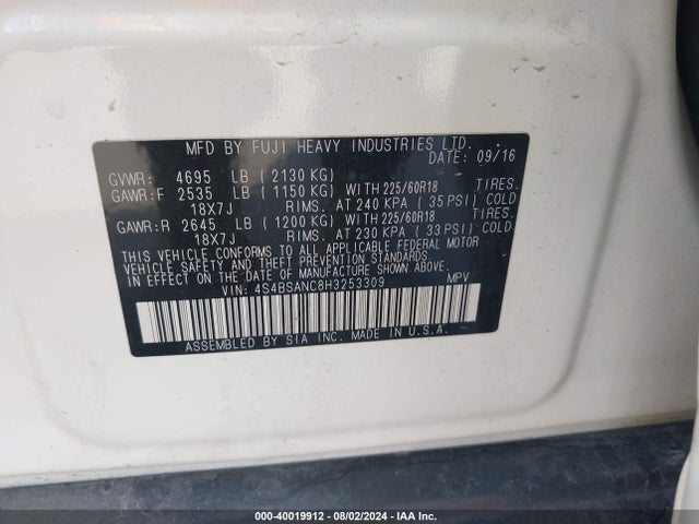 Subaru Outback 2.5i Limited 2017 4S4BSANC8H3253309 Image 9