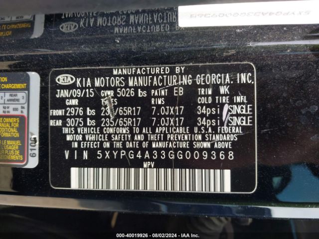 5XYPG4A33GG009368 KIA Sorento 2.4l L