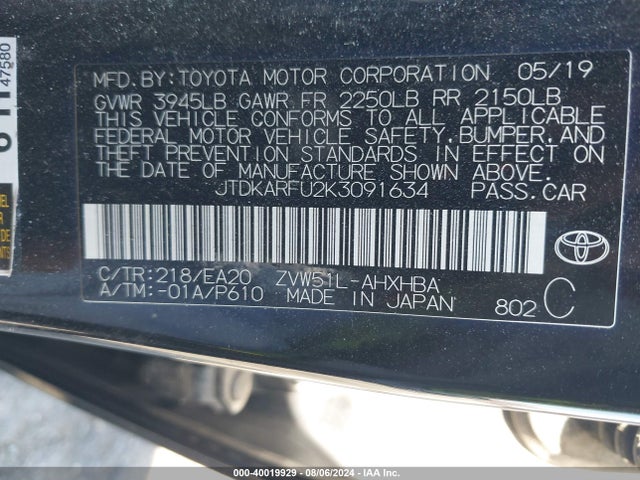 Toyota PRIUS XLE 2019 JTDKARFU2K3091634 Image 9