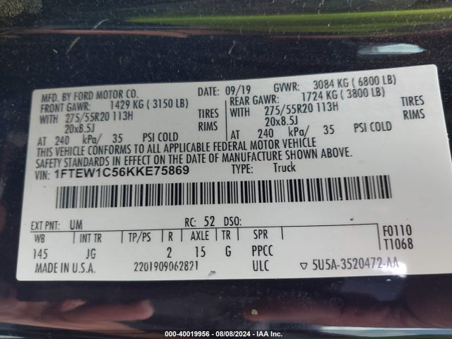Ford F-150 Xl 2019 1FTEW1C56KKE75869 Image 9