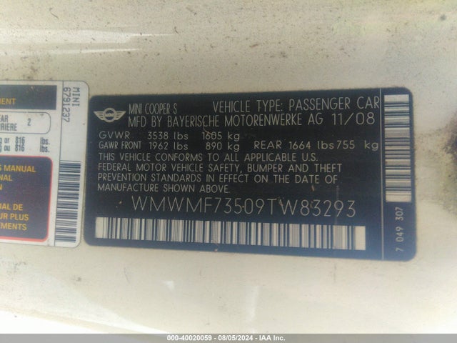 2009 MINI COOPER S WMWMF73509TW83293 Photo 8