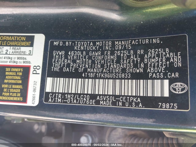 Toyota CAMRY XSE 2016 4T1BF1FK9GU520833 Image 9