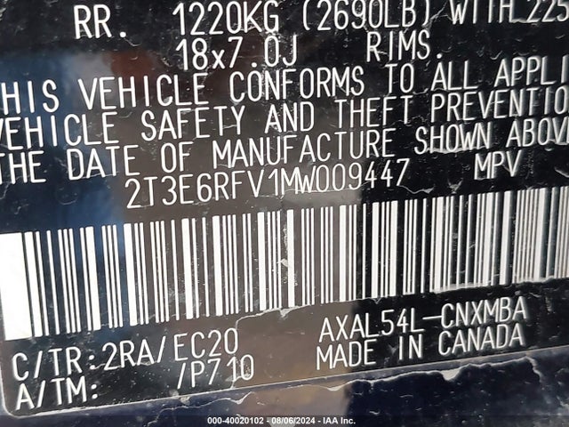 2T3E6RFV1MW009447 Toyota Rav4 Hybrid Xse