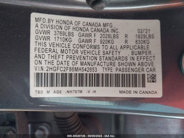 2HGFC2F86MH542653 Honda Civic Sport