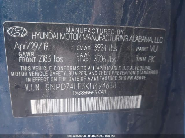 2019 HYUNDAI ELANTRA 5NPD74LF3KH494638 Photo 8
