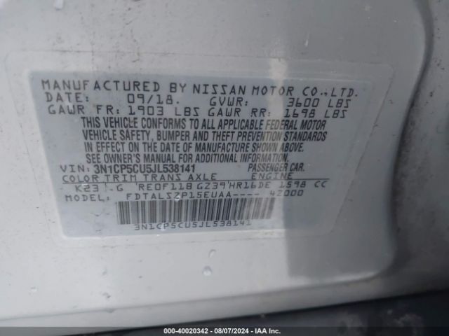 3N1CP5CU5JL538141 Nissan KICKS SV