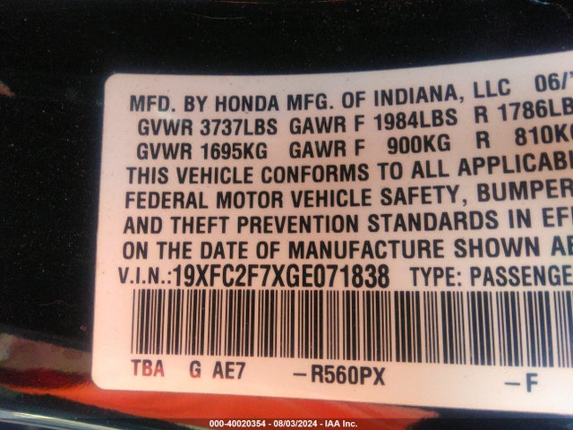 Honda CIVIC EX 2016 19XFC2F7XGE071838 Image 9