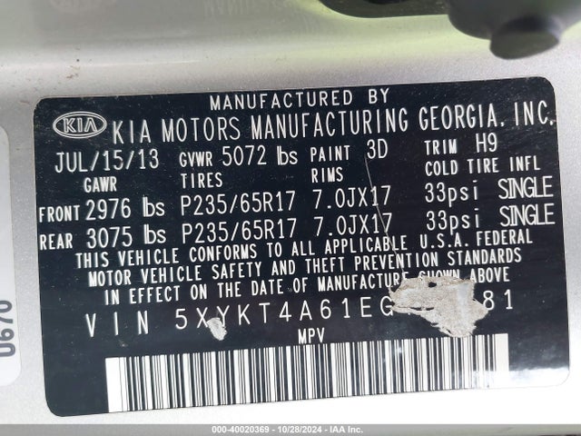 KIA SORENTO LX 2014 5XYKT4A61EG491481 Image 9