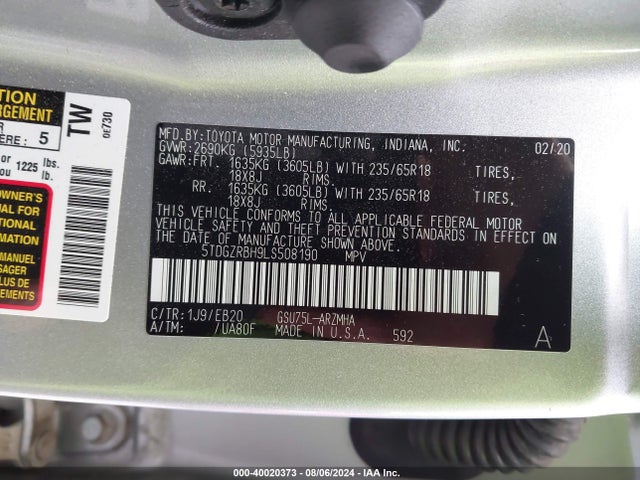 Toyota Highlander Xle 2020 5TDGZRBH9LS508190 Image 9