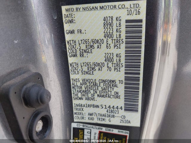 Aukcja sprzedaży 2017 Nissan Titan Xd Sv, vin: 1N6BA1RP8HN514444, numer aukcji: 40020442