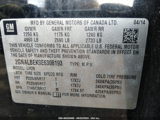 Chevrolet EQUINOX 1LT 2014 2GNALBEK9E6308193 Image 9