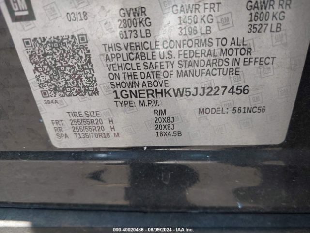 1GNERHKW5JJ227456 Chevrolet Traverse 3lt