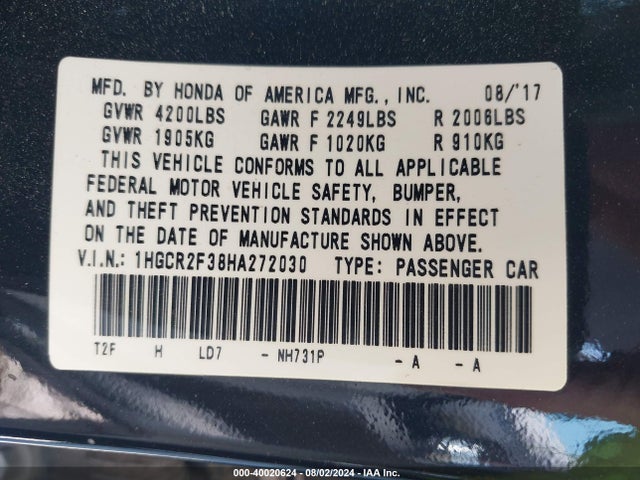 Honda ACCORD LX 2017 1HGCR2F38HA272030 Image 9