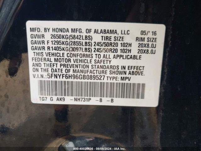 5FNYF6H96GB089527 Honda Pilot Touring