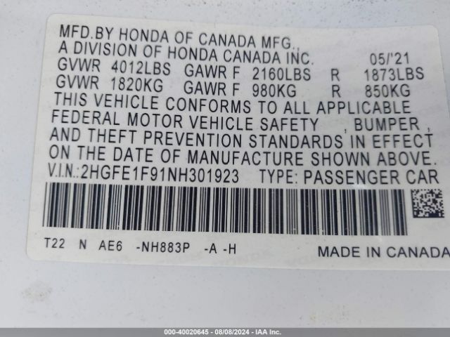 2HGFE1F91NH301923 Honda Civic Touring