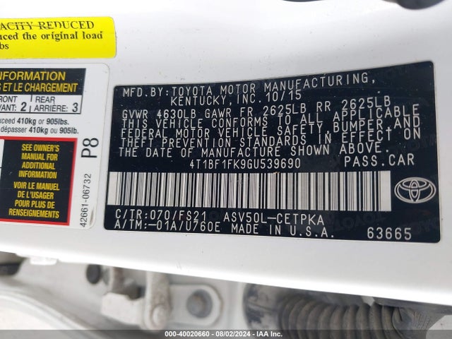 Toyota CAMRY SE 2016 4T1BF1FK9GU539690 Image 9